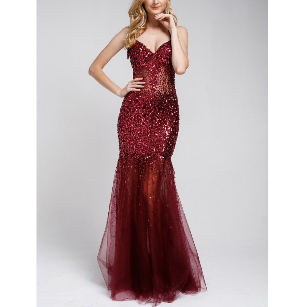 Amelia Burgundy Halter Sheer Illusion Sequined Rhinestone Formal Mermaid Gown 2